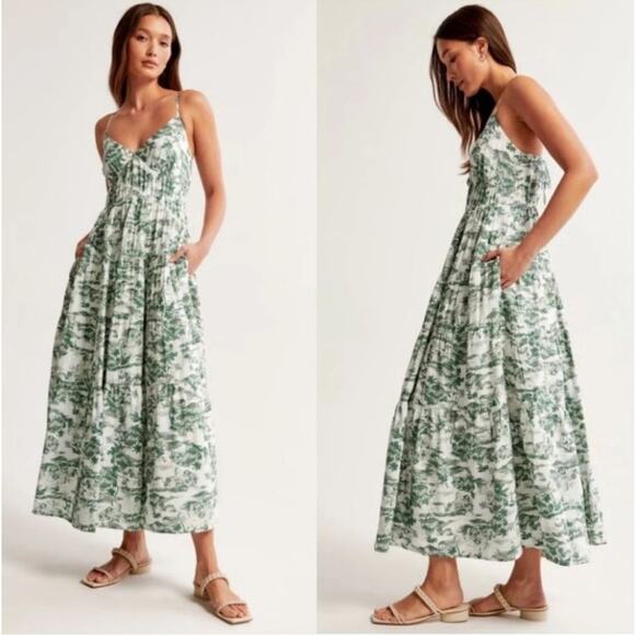 Abercrombie & Fitch Flowy Tiered Maxi Dress Tropical Green Toile Womens Size XS - Picture 1 of 16